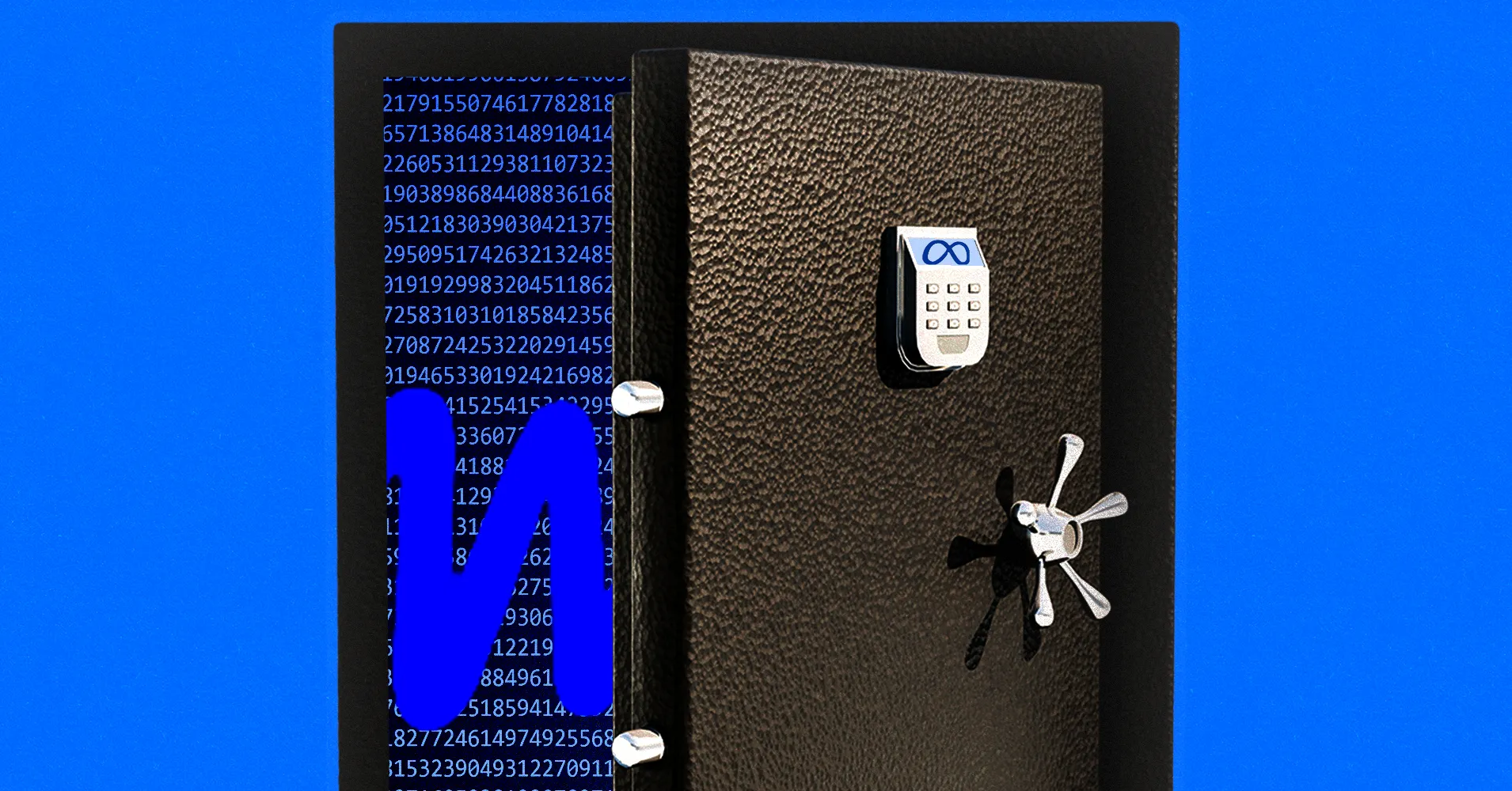 A keypad device and combination lock appear over a screen of blue numbers beside a safe door.