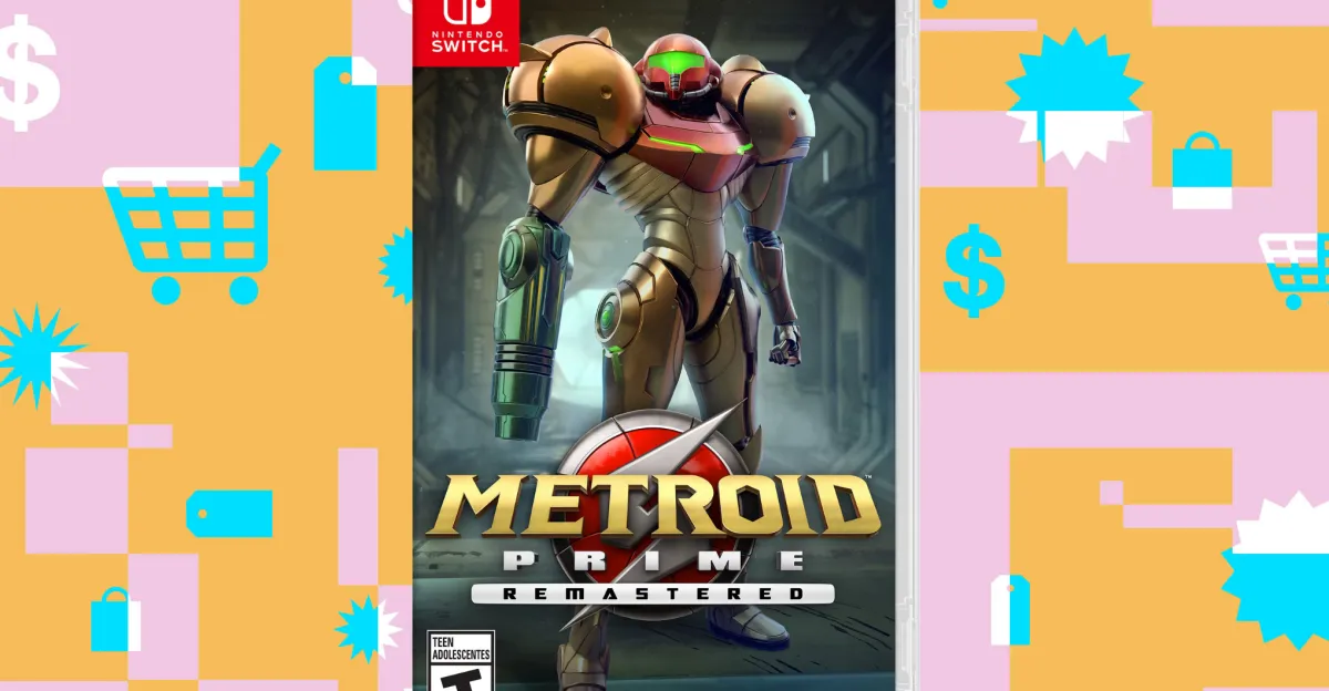 Metroid Prime Remastered cover art shows an armored figure, with colorful shopping icons framing the image.