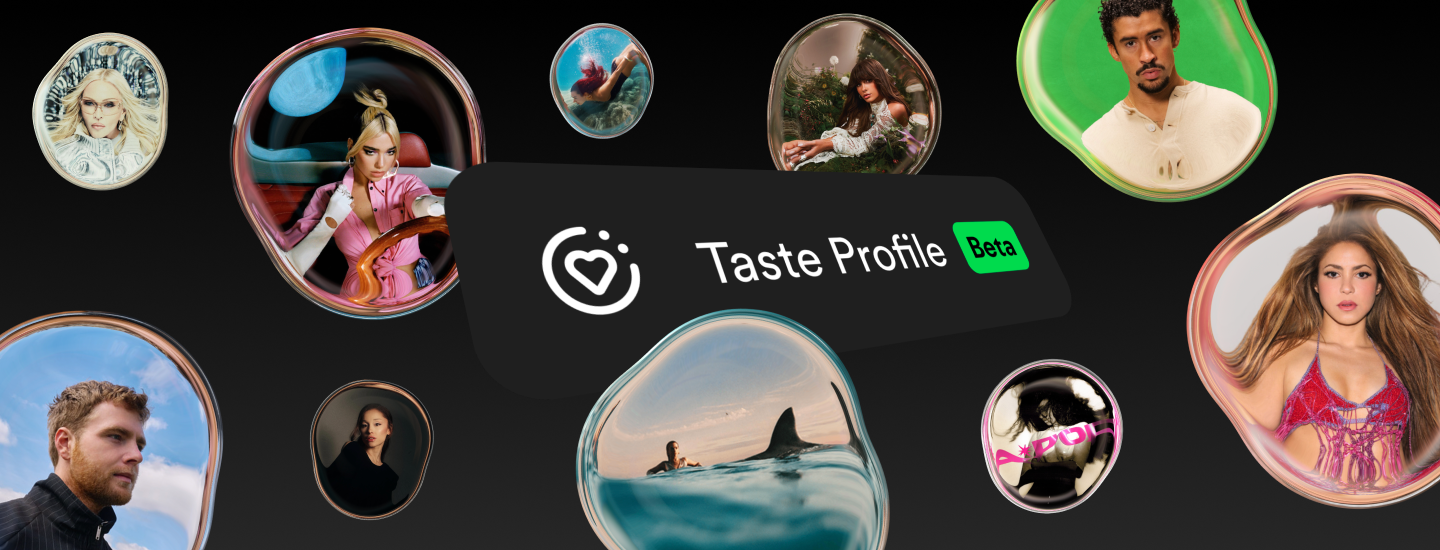A dark Taste Profile Beta banner is surrounded by distorted portraits and a person swimming near a whale.