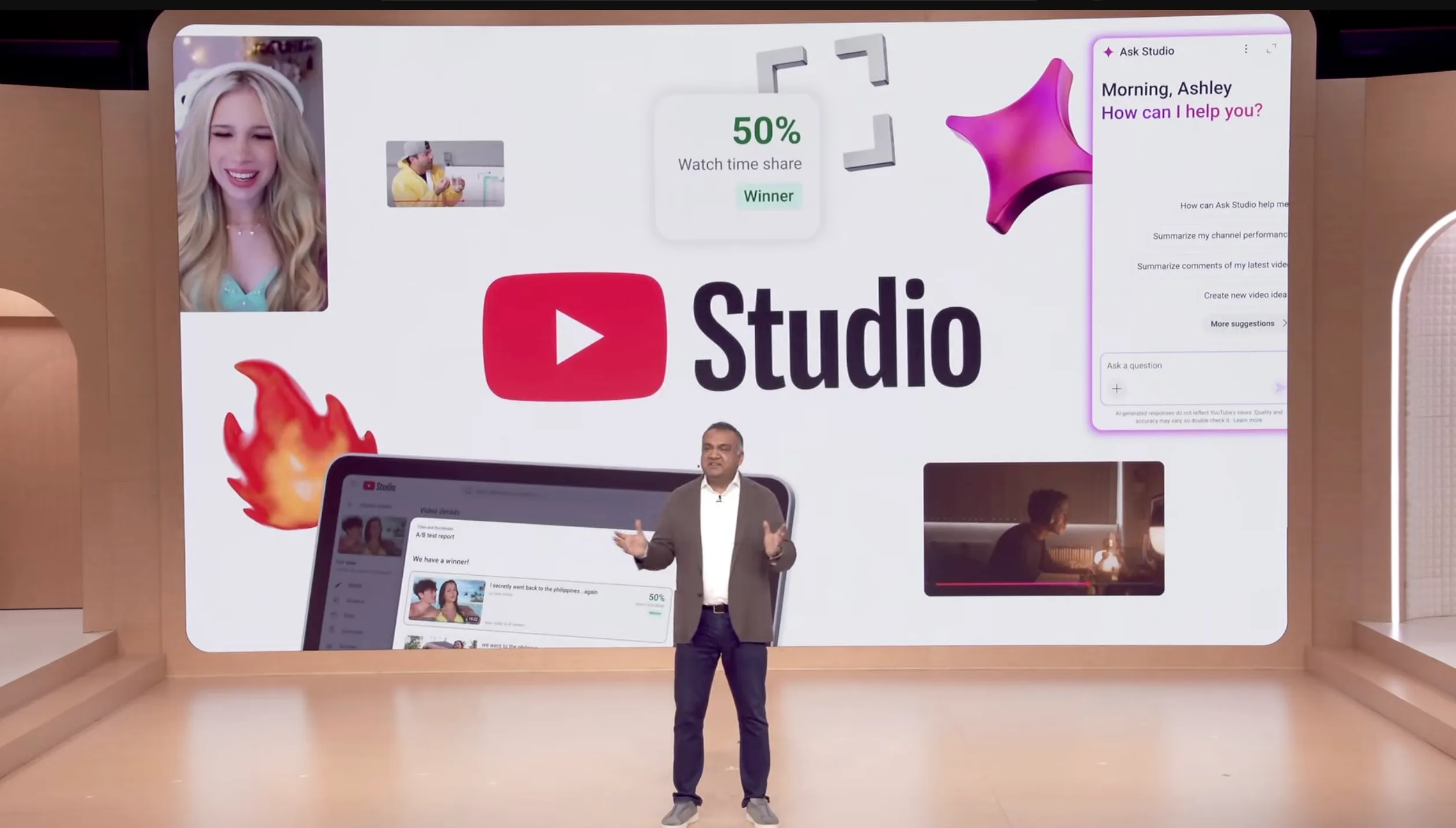 A presenter stands before a YouTube Studio display showing an AI assistant, video analytics, and creator content thumbnails.