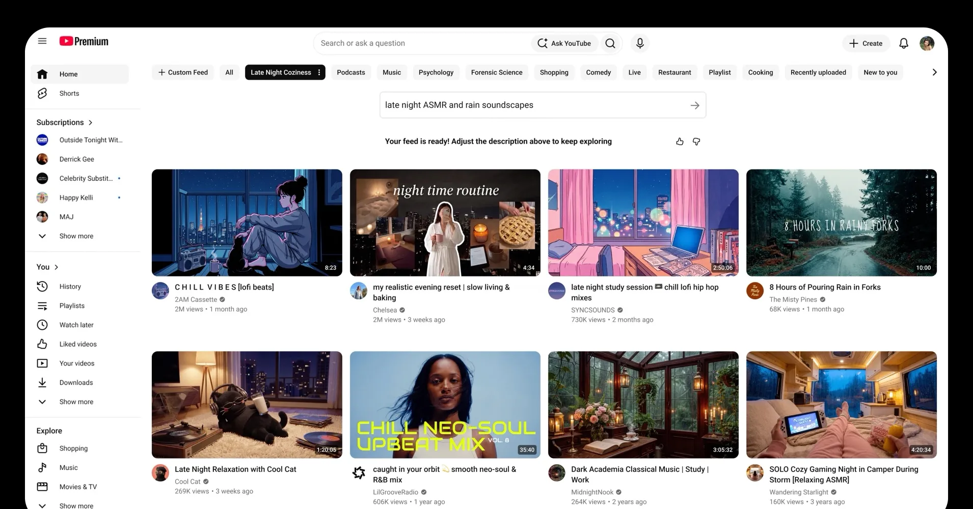 YouTube homepage shows a custom feed prompt, topic filters, and video recommendations in a desktop layout.