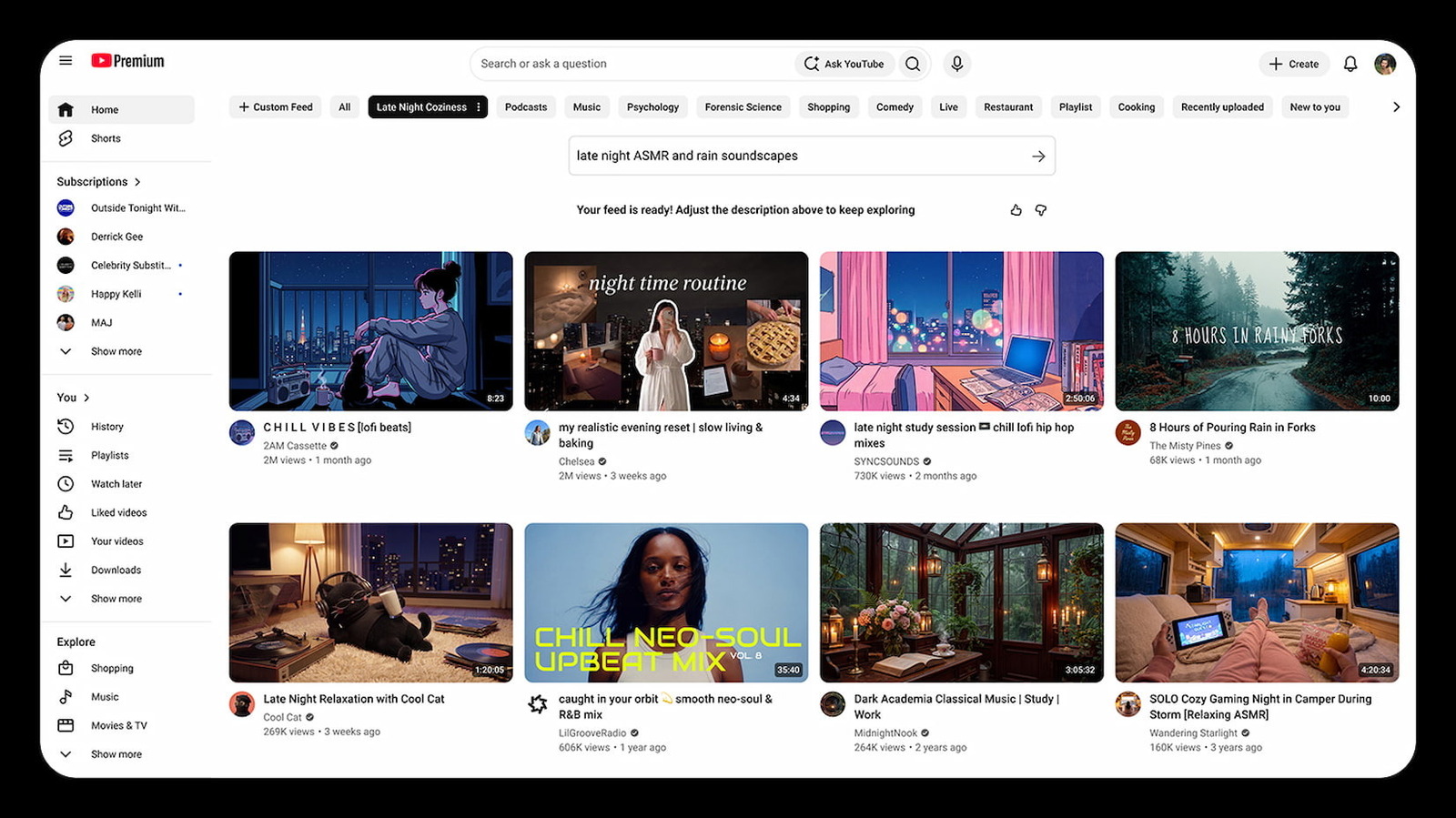 YouTube homepage showing a custom feed prompt for late night ASMR and rain soundscapes above video recommendations.