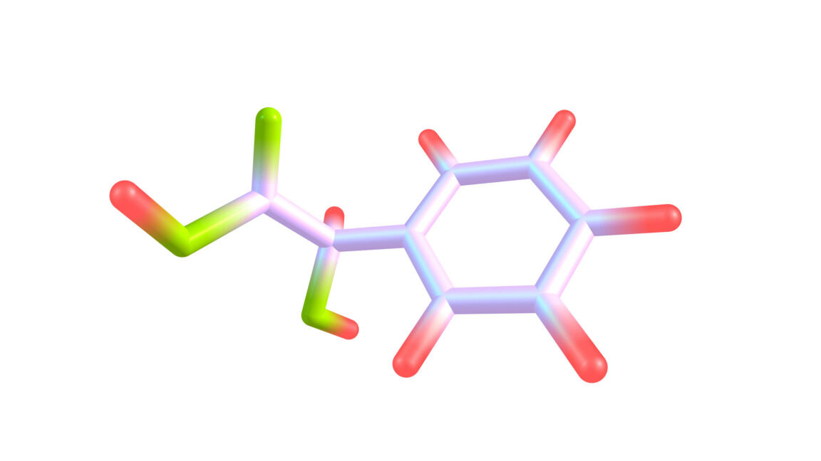 Colorful molecular model with connected rings and branching bonds on a white background.