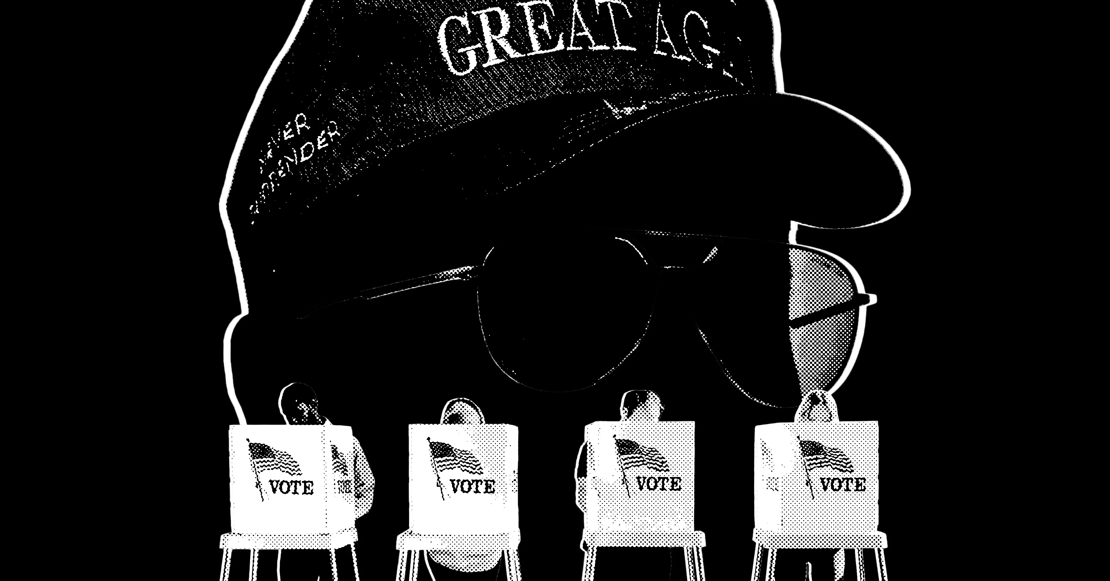 A shadowed figure wearing a cap and sunglasses looms over four people standing at voting booths.