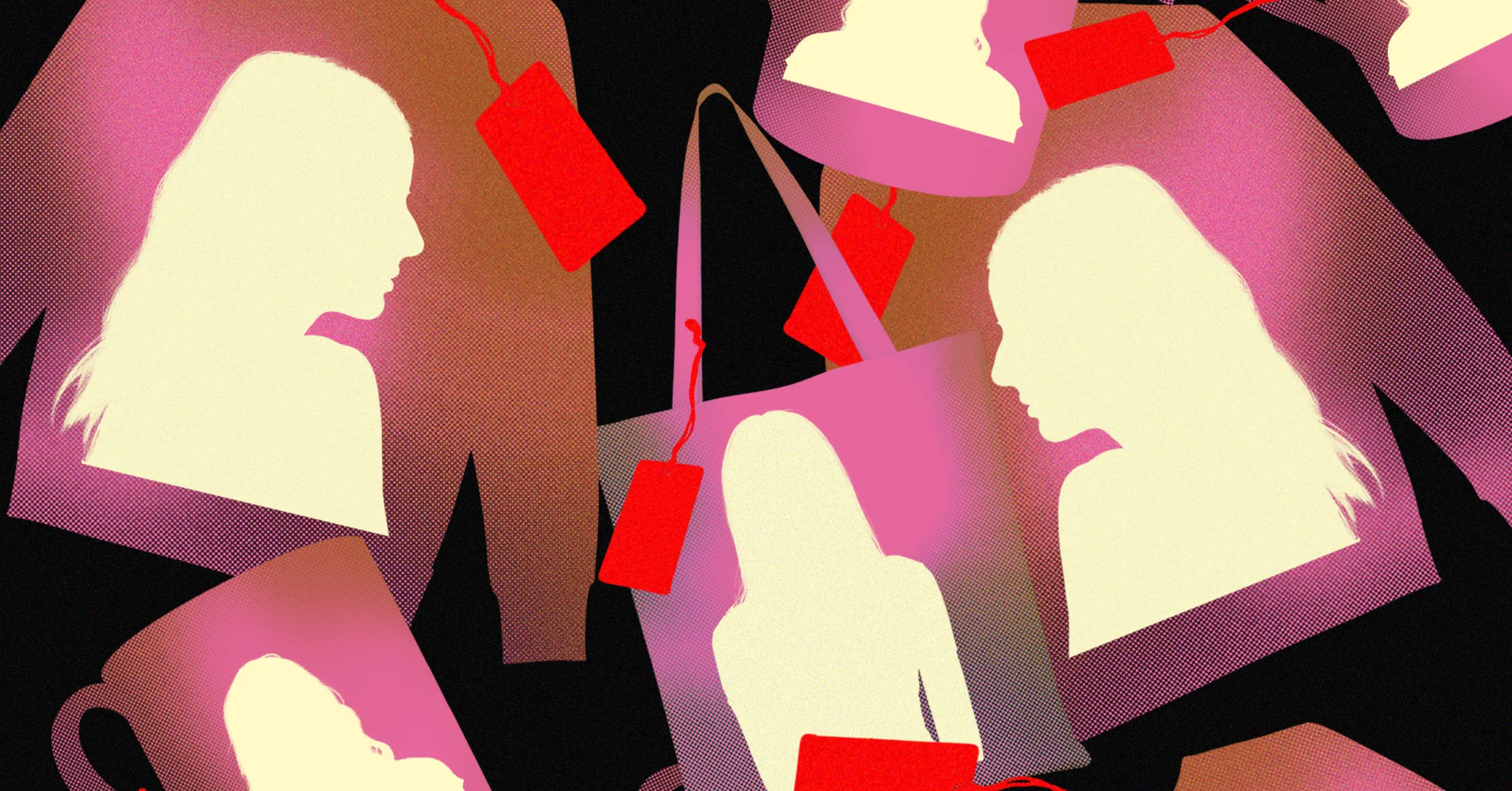 Overlapping pink and brown cards show cream-colored female silhouettes alongside bright red hanging tags.