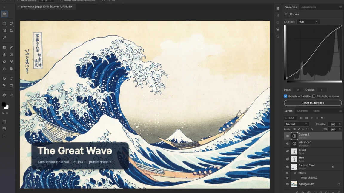 Screenshot of image-editing software displaying Hokusai’s Great Wave with a dark caption overlay and adjustment panels.