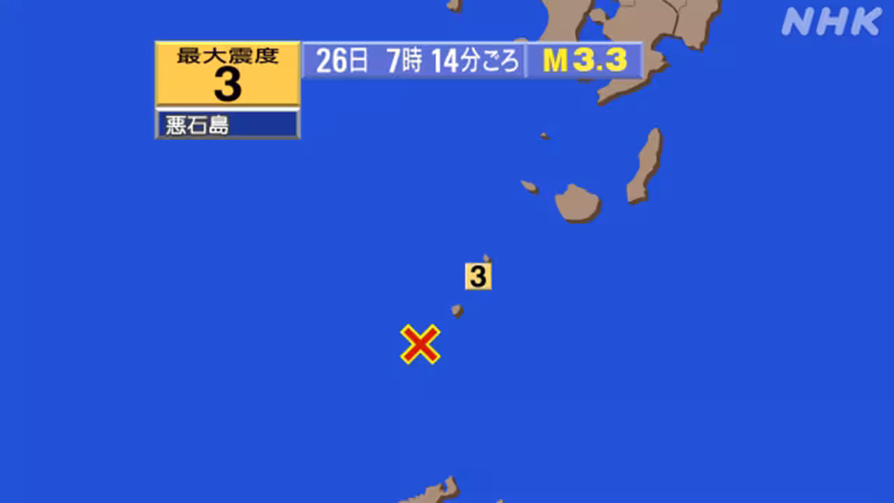 【地震速報】鹿児島 悪石島で震度3 津波の心配なし