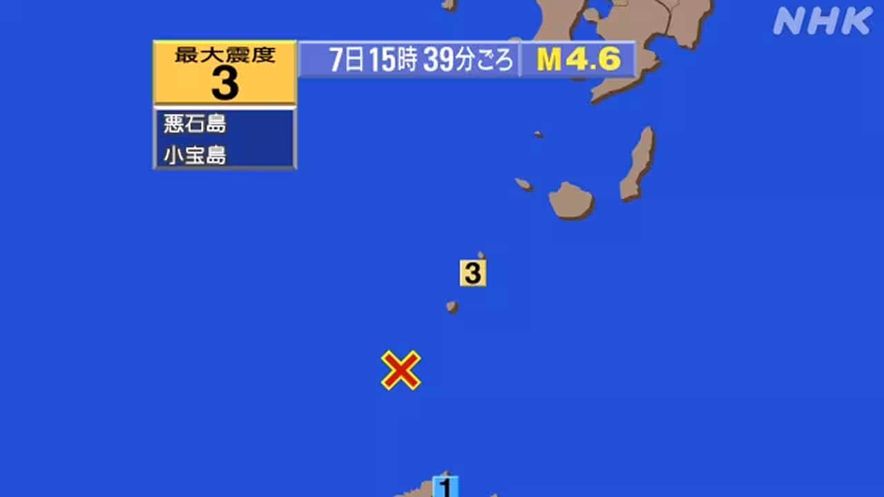 【地震速報】鹿児島 悪石島と小宝島で震度3 津波の心配なし