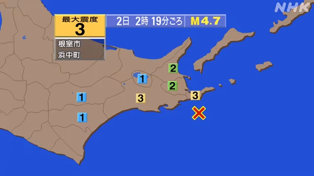 【地震速報】北海道根室市・浜中町で震度3 津波の心配なし