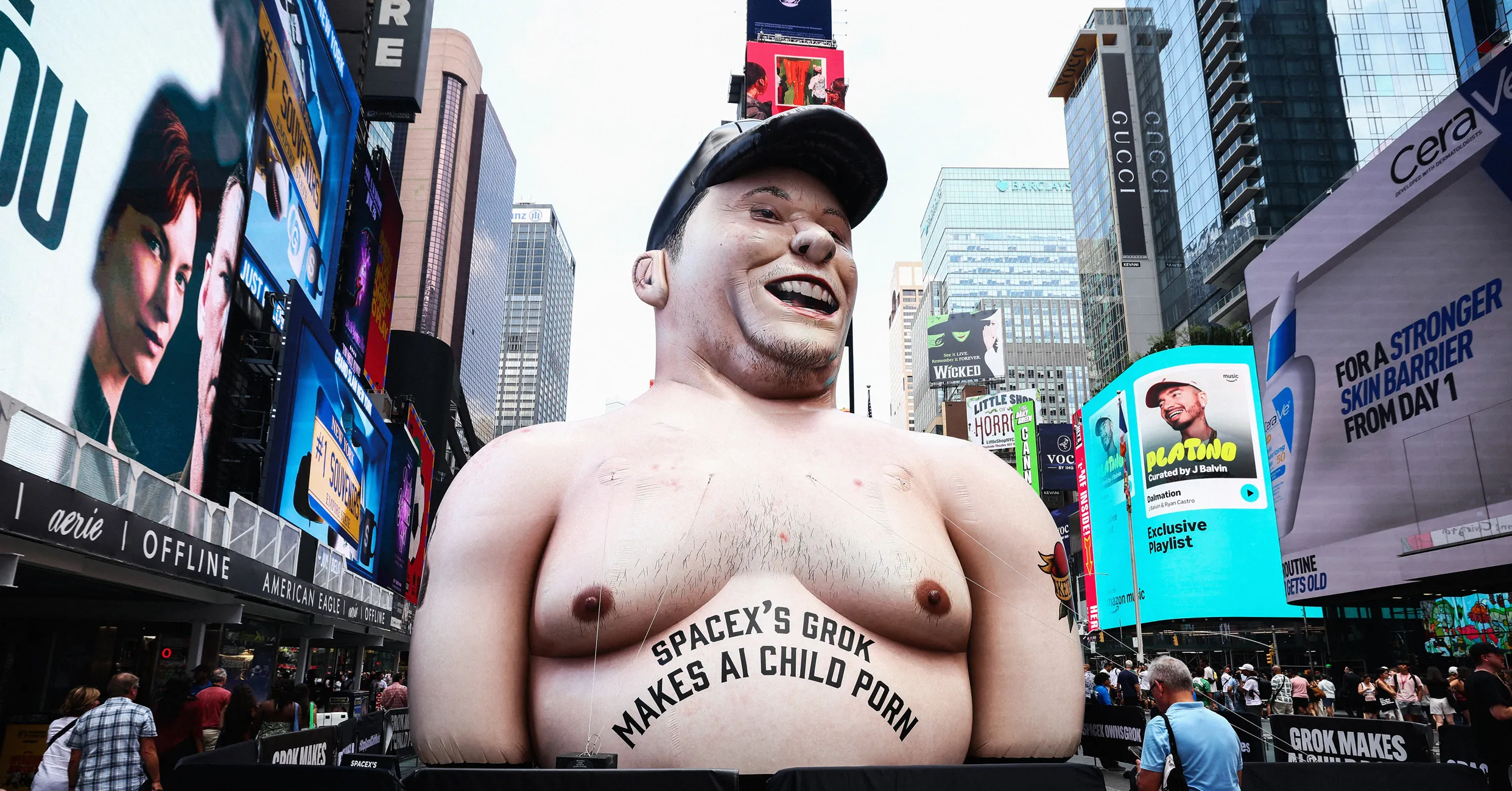Massive Effigy of Elon Musk Raised Over Times Square to Protest Grok