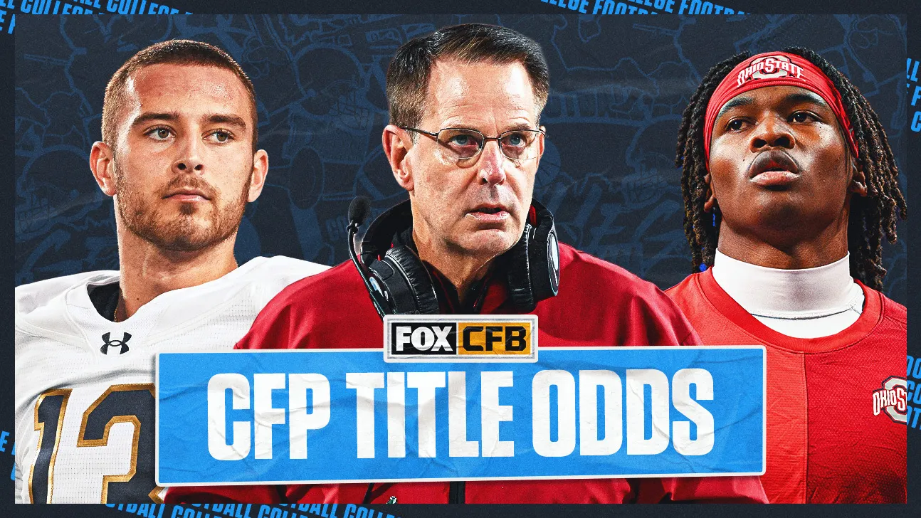 Three college football figures behind a blue CFP title odds graphic with FOX CFB branding