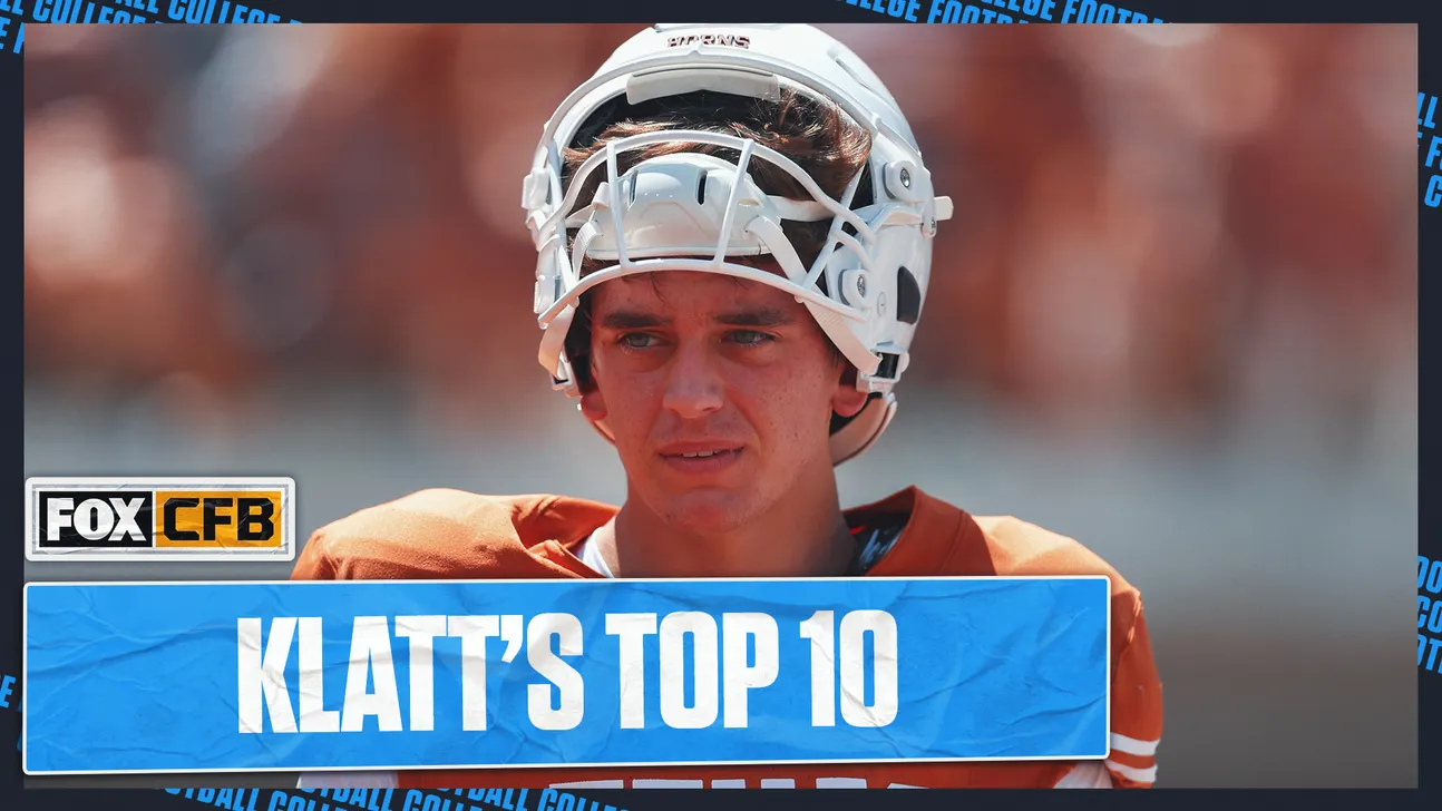 College football player wearing a white helmet beneath a graphic reading “Klatt’s Top 10.”