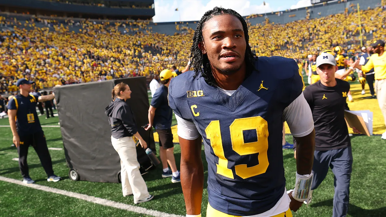 Football player wearing a navy and maize number 19 uniform stands on the field before a packed crowd.