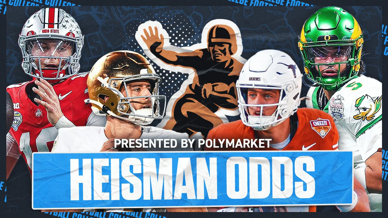 Football players in helmets surround a Heisman Odds graphic presented by Polymarket.