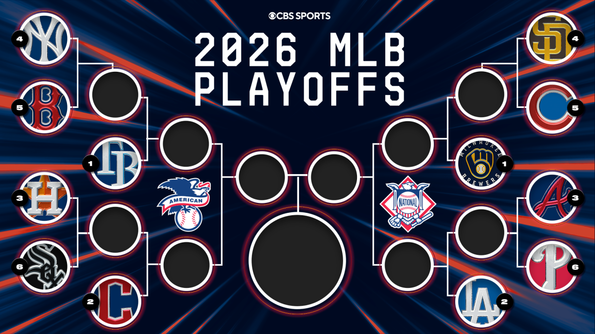 CBS Sports 2026 MLB playoffs bracket graphic with team logos, seeds, and empty matchup circles.