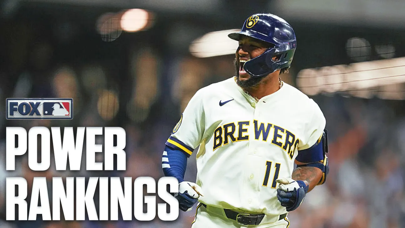 Milwaukee Brewers player in helmet and uniform running, beside FOX MLB Power Rankings graphic