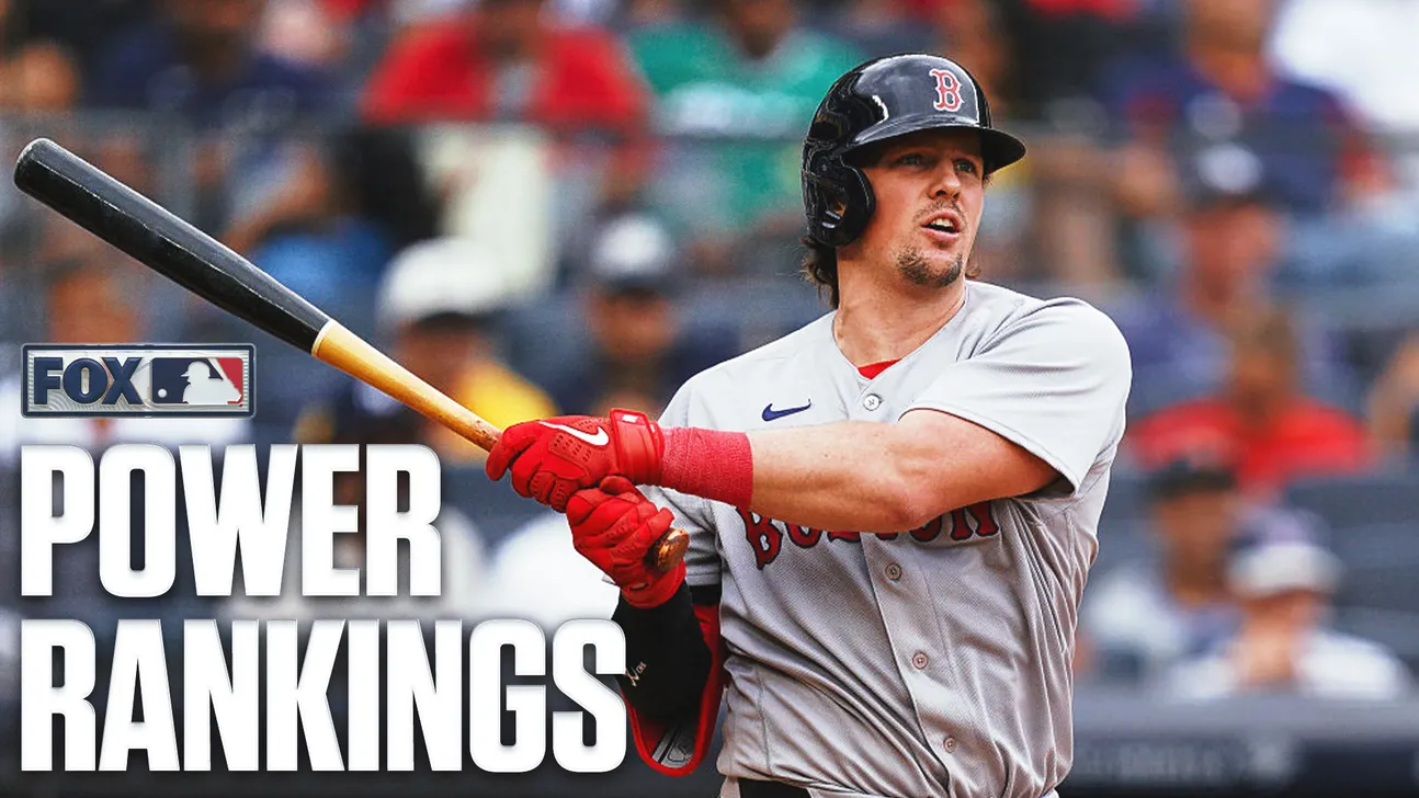 Baseball player in Boston uniform swings a bat during a game, with Power Rankings graphic overlay