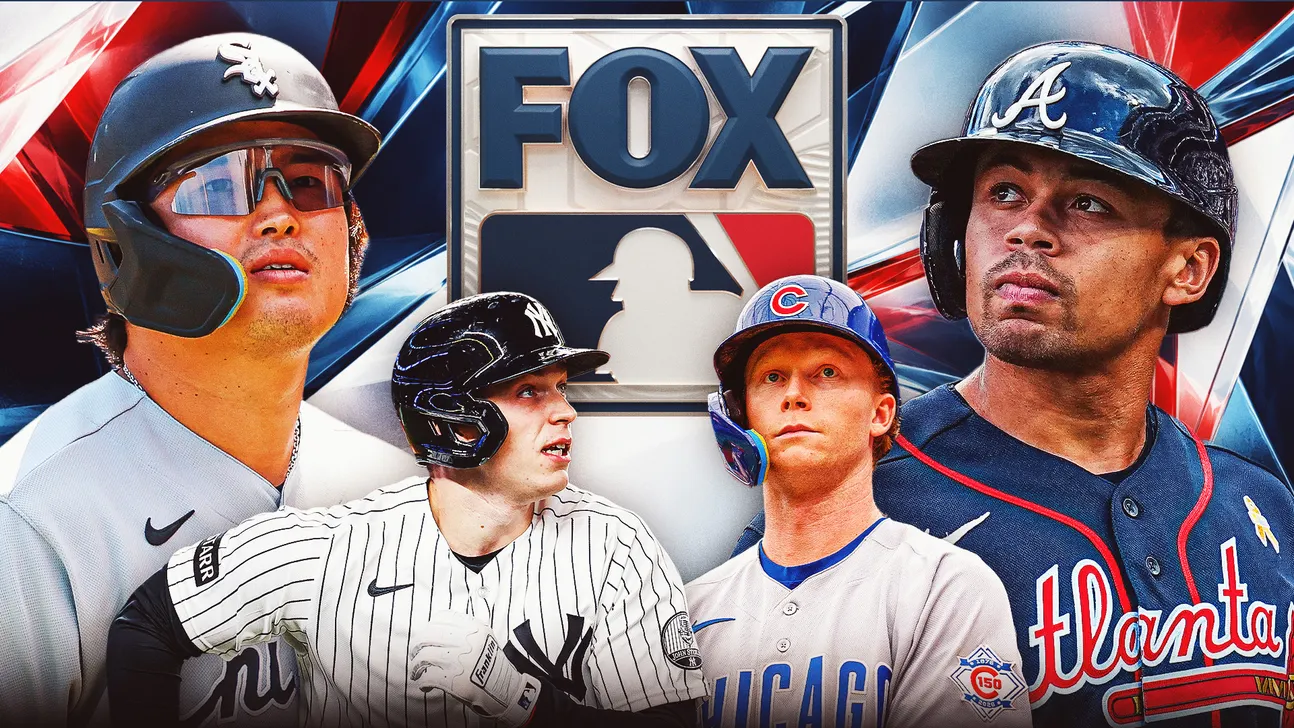 Four baseball players in team uniforms flank a central FOX MLB logo against red and blue graphics.
