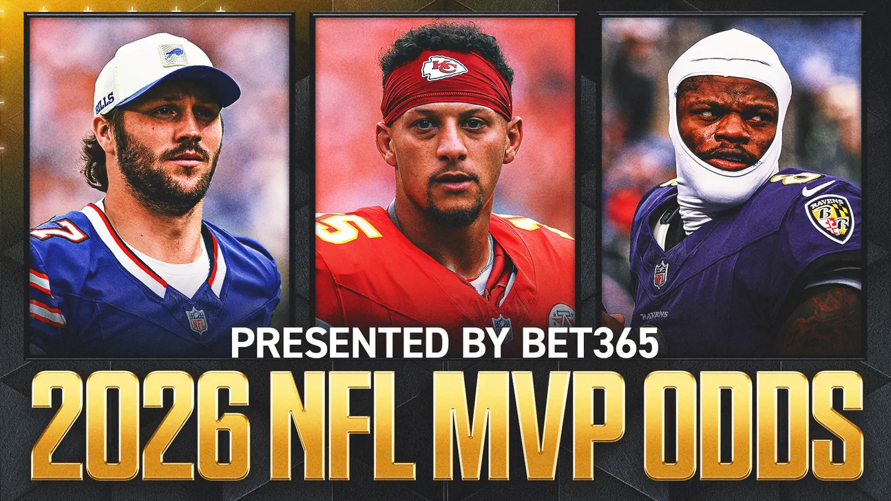 Graphic featuring three NFL players with text reading “2026 NFL MVP Odds” and “Presented by Bet365.”