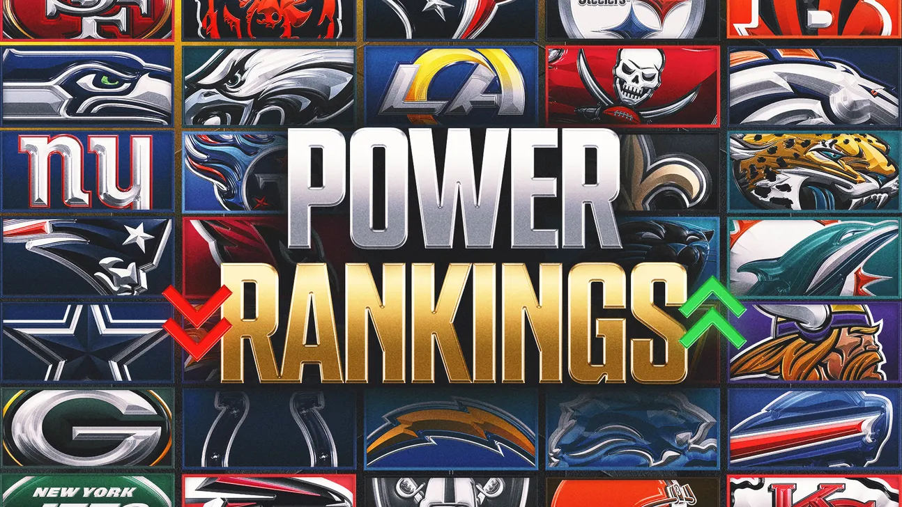 Collage of NFL team logos behind large “Power Rankings” text with red and green arrows.
