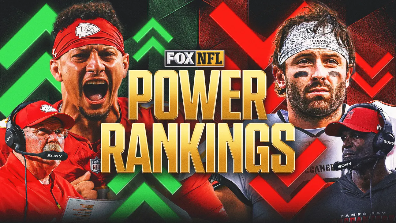 Graphic shows two football quarterbacks and coaches beneath green and red arrows, with large Power Rankings text.