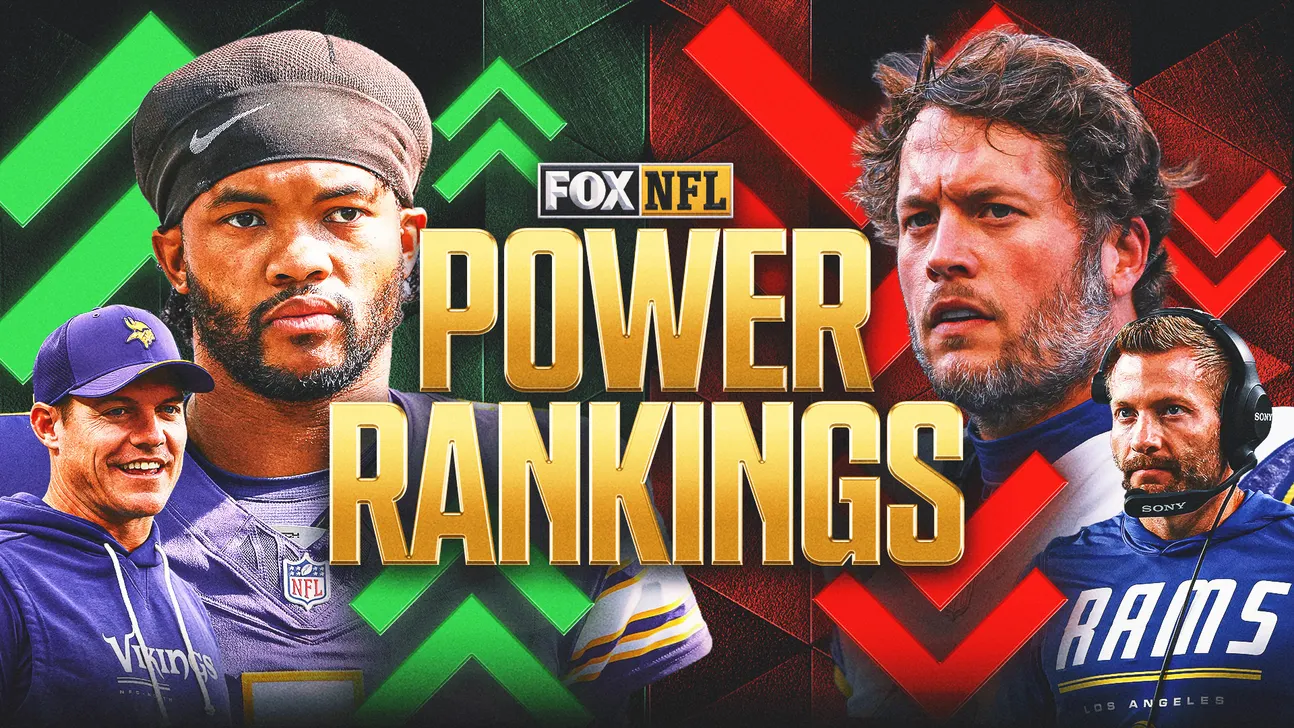 Graphic with Vikings and Rams coaches and players beside green and red arrows, labeled “Power Rankings.”