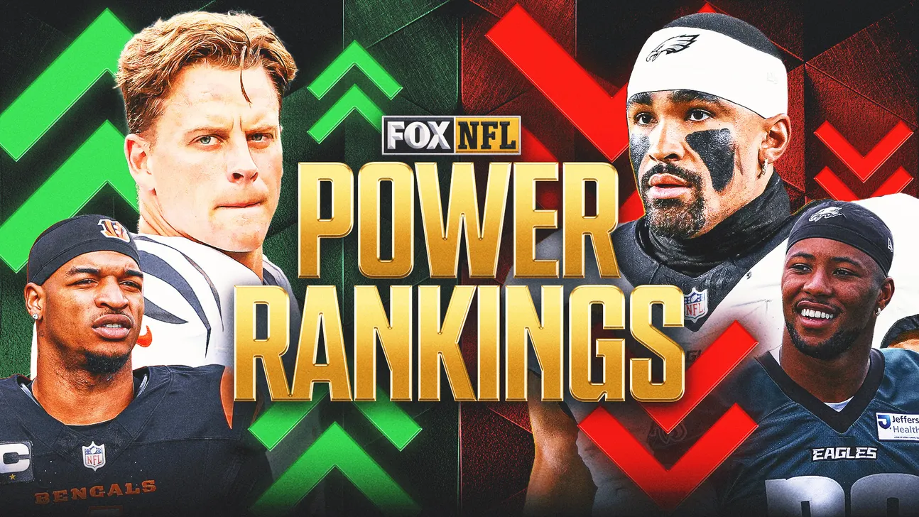 Graphic featuring four NFL players, green and red arrows, and large “Power Rankings” text.