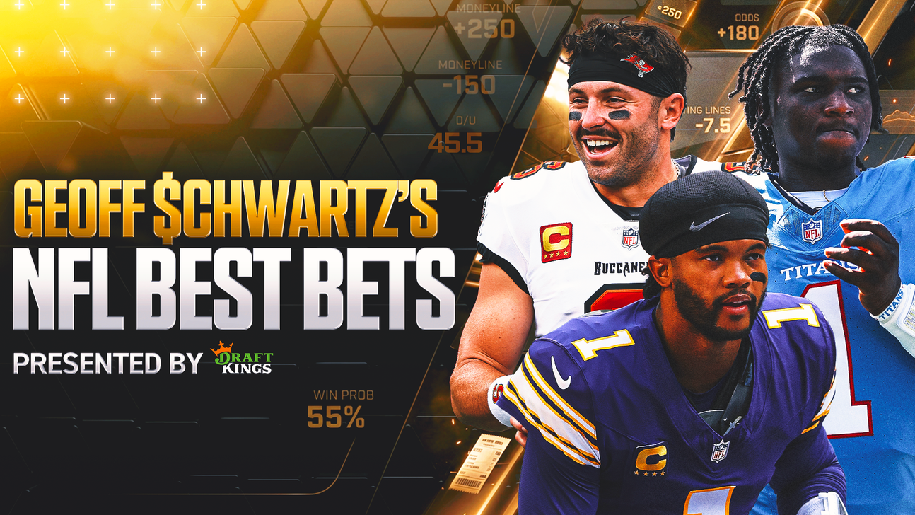 NFL promotional graphic with three football players, betting statistics, and text reading “Geoff Schwartz’s NFL Best Bets.”