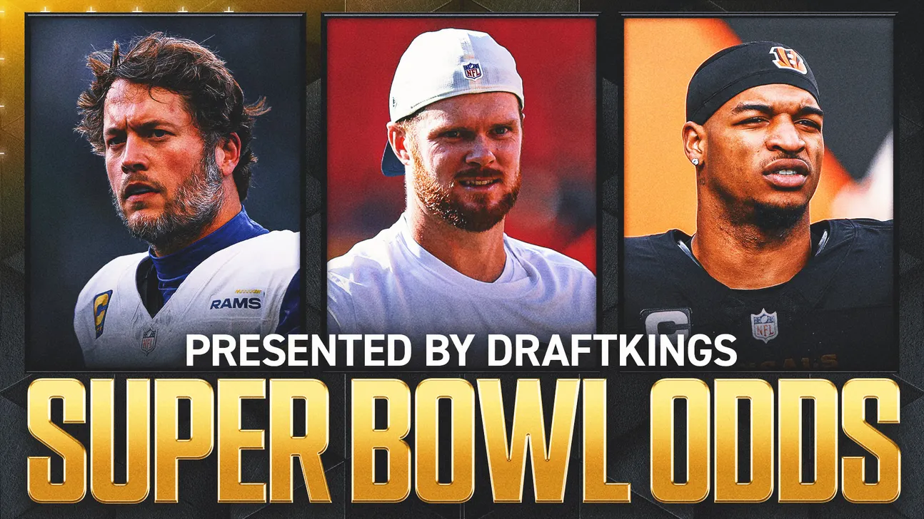 Three football players pictured above bold gold Super Bowl odds text and DraftKings branding
