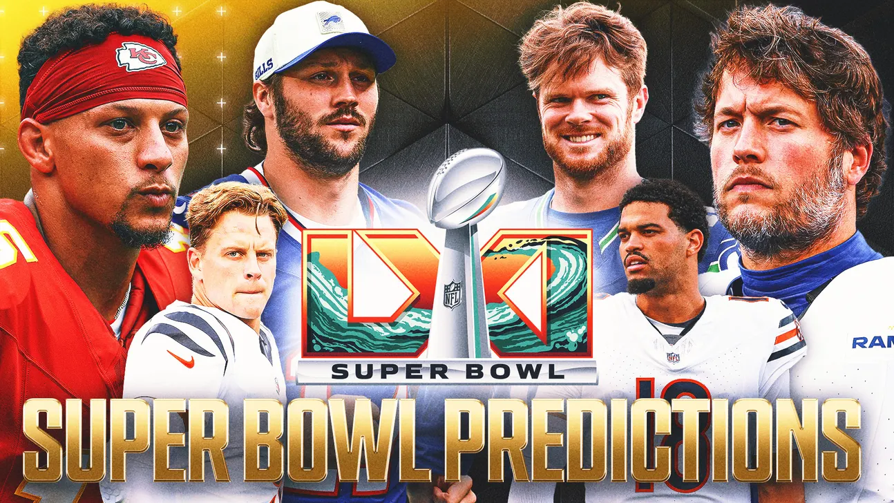 Football players surrounding the Super Bowl LXI logo and trophy in a predictions graphic