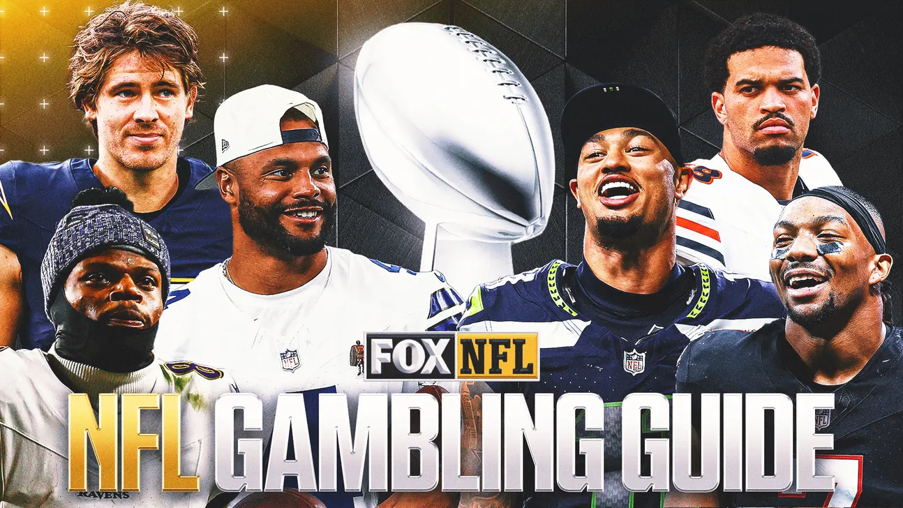 Football players flank a Lombardi Trophy above an “NFL Gambling Guide” graphic.