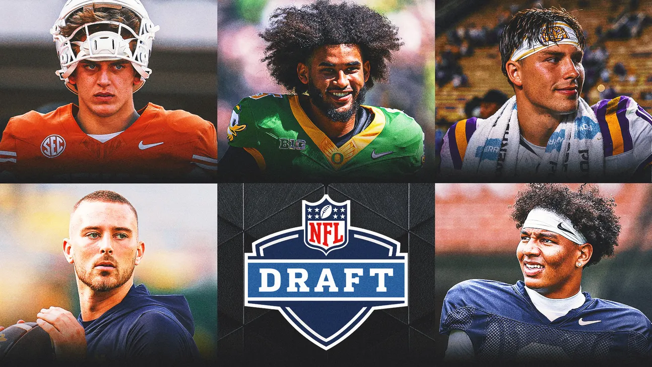 Collage of five football players surrounding a central NFL Draft logo.