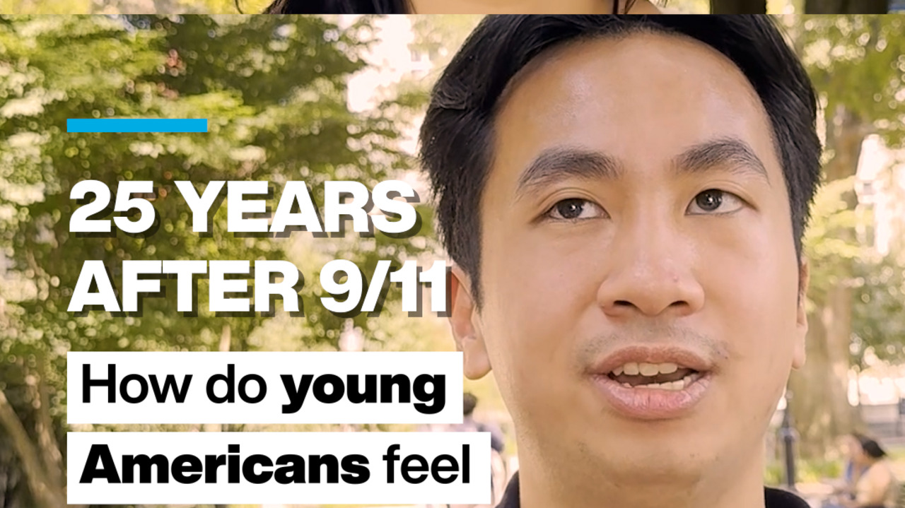 Close-up of a young man outdoors beside text reading “25 YEARS AFTER 9/11.”