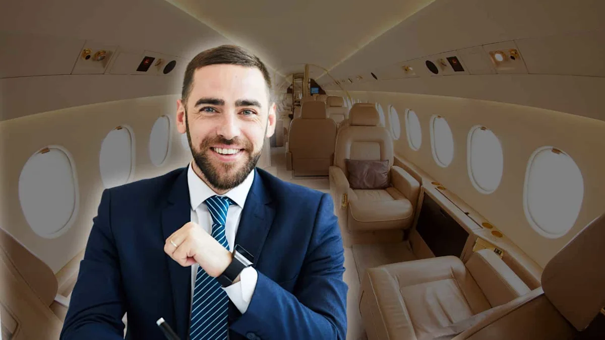 Smiling bearded man in suit and tie adjusts his cuff inside a private jet cabin.