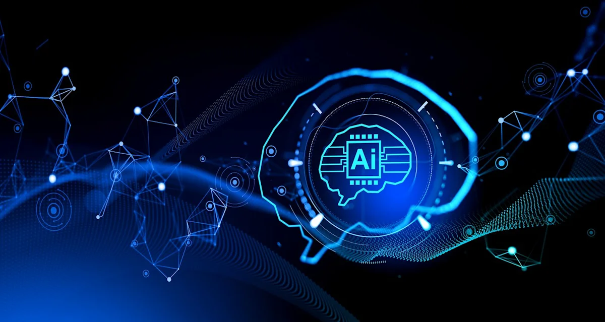 Glowing AI chip icon surrounded by interconnected digital networks on a dark blue background