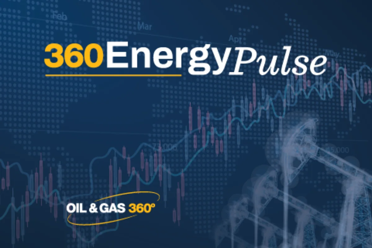 360 Energy Pulse graphic with oil and gas market charts over a dark blue world map