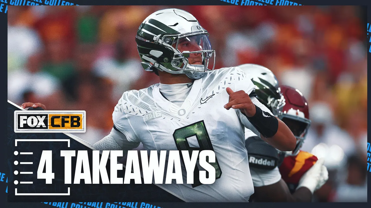 Oregon player in a white uniform carries the ball as USC defenders close in, with a 4 Takeaways graphic.