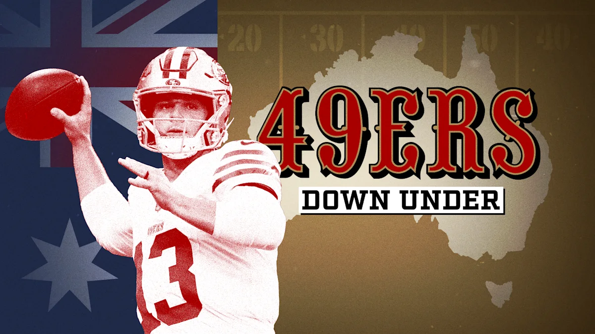Football player throws a ball beside 49ers lettering and an Australia map graphic