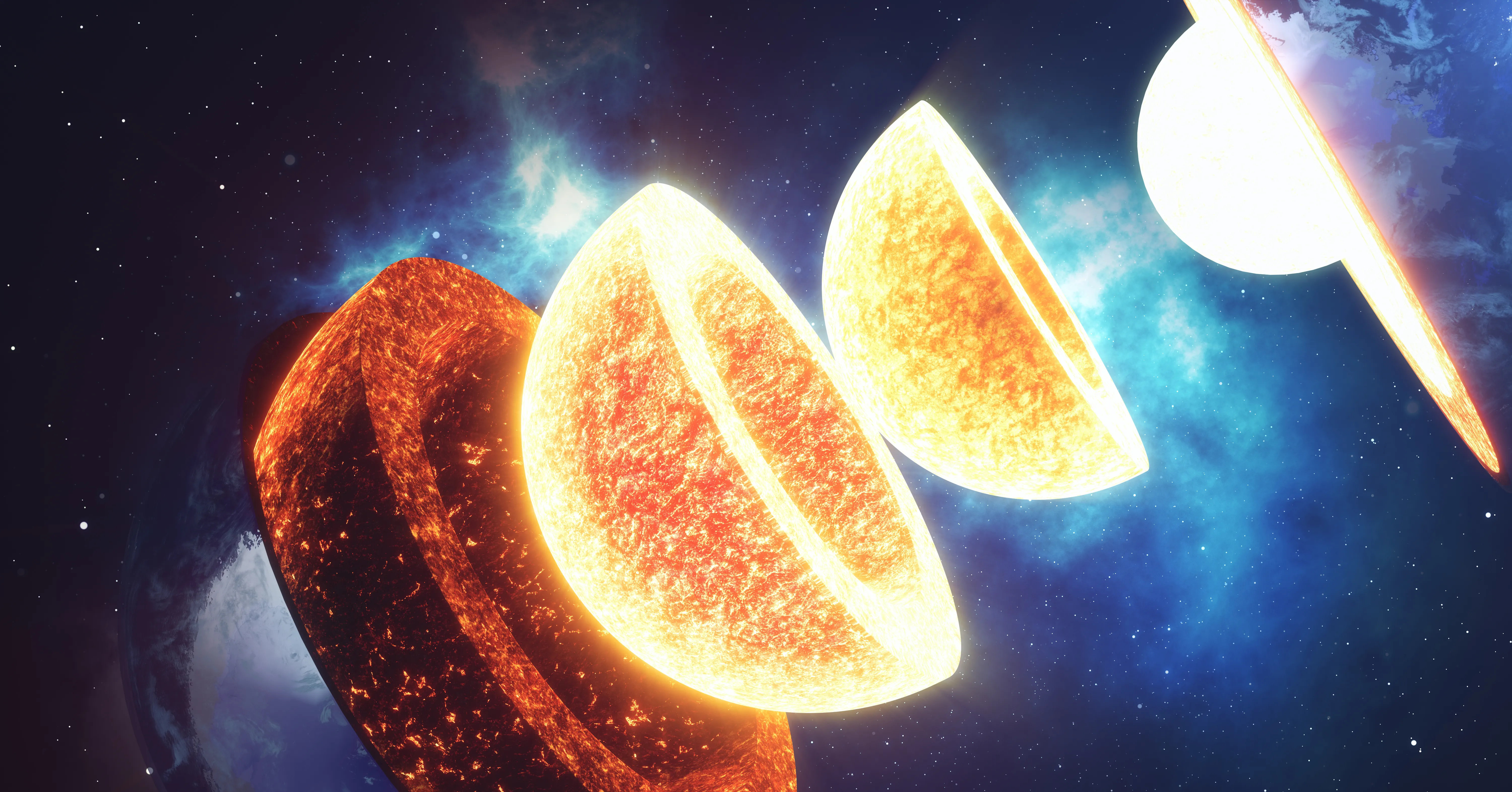 Illustration of Earth’s fiery interior layers separated against a starry blue space background.