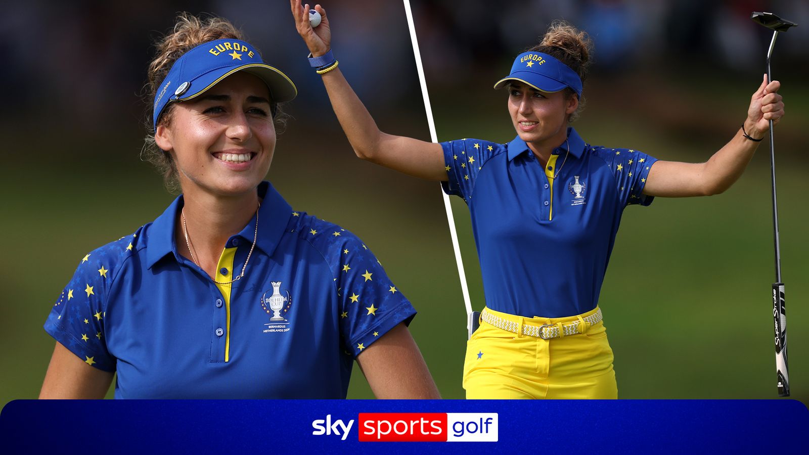 Female golfer in blue Europe jersey celebrates while holding a golf ball and club.