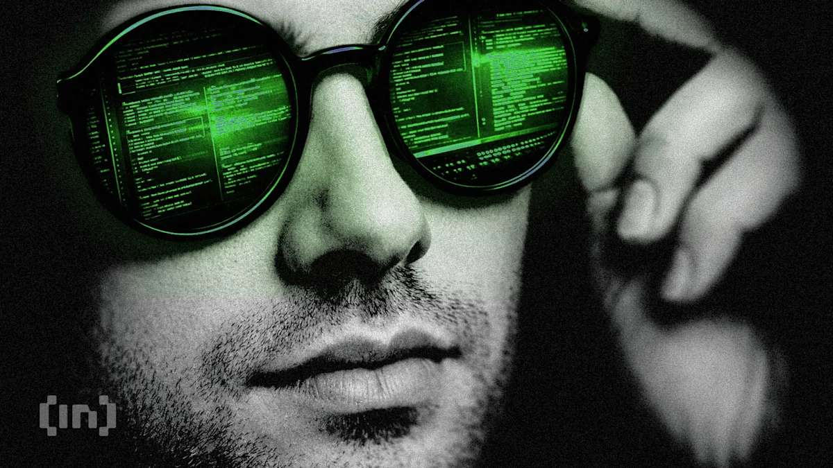 Close-up of a person wearing glasses reflecting green computer code on the lenses.
