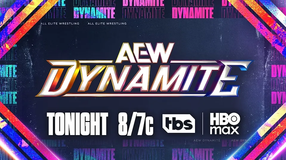 AEW Dynamite logo with Tonight 8/7c broadcast information for TBS and HBO Max