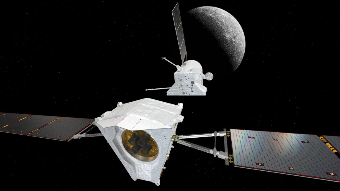Illustration of a spacecraft flying near Mercury, with solar panels extended against a star-filled background.