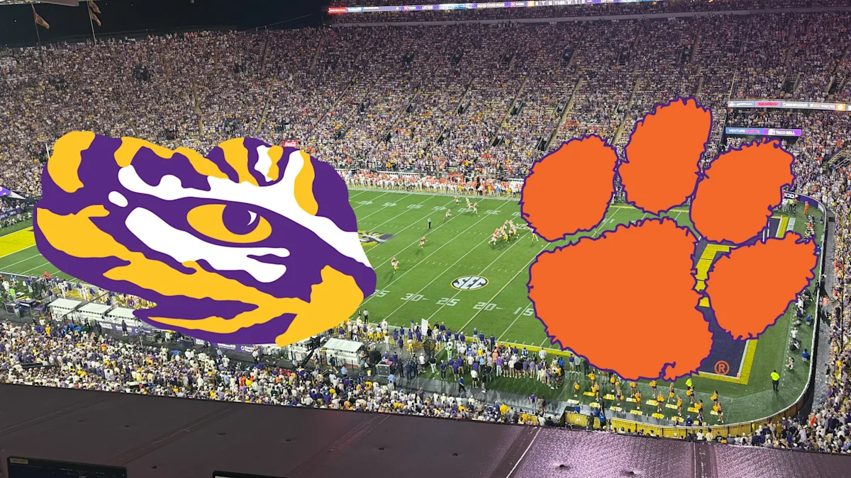 LSU and Clemson logos overlaid on a packed football stadium during a game
