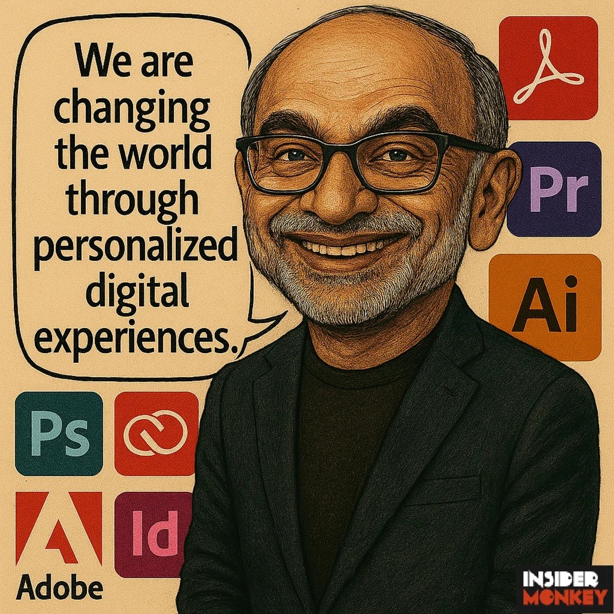 Illustrated bespectacled man beside speech bubble and Adobe, AI, Palantir, and creative software logos