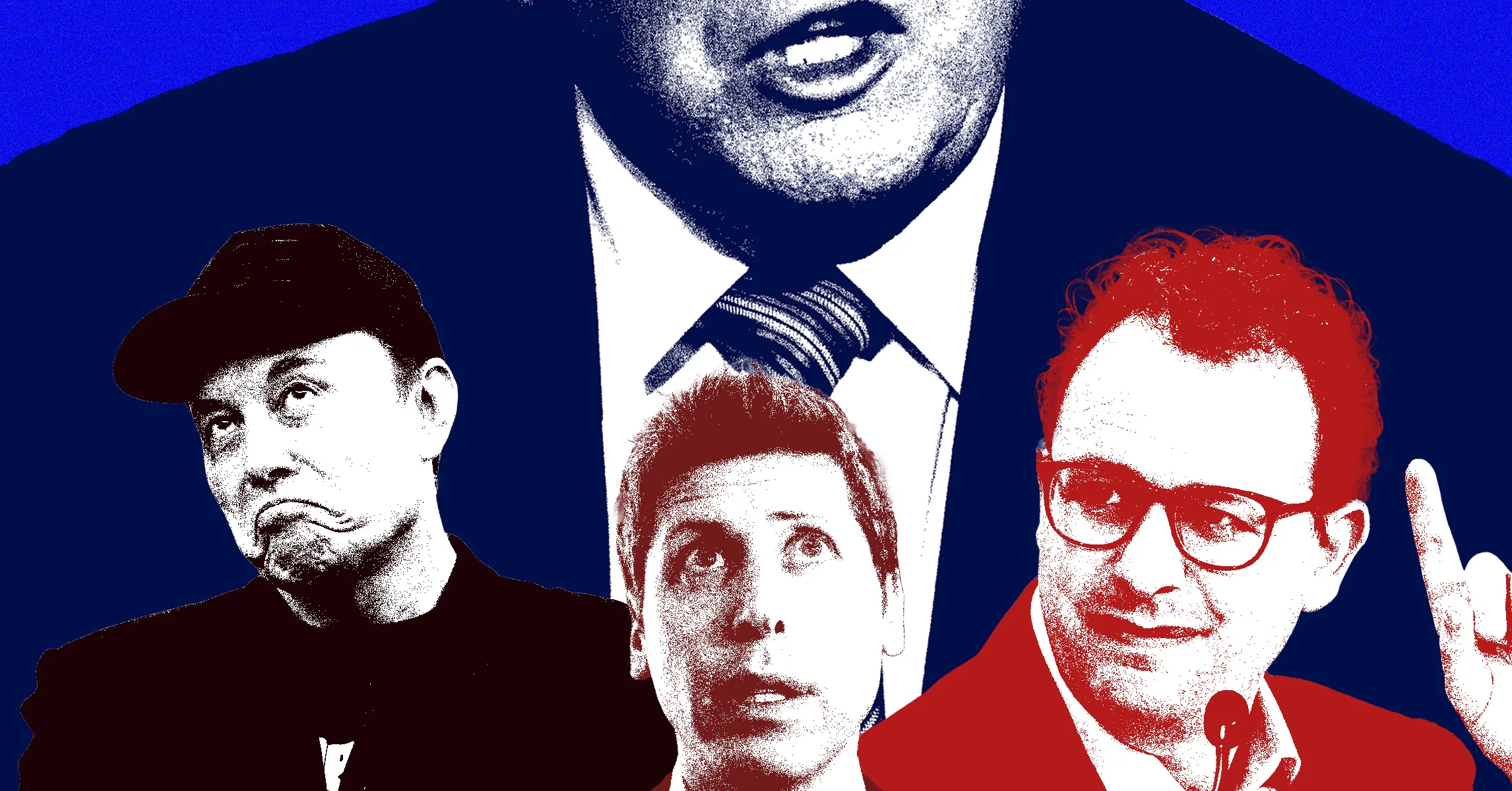 Stylized high-contrast collage of four people, including a suited figure and a bespectacled man raising a finger.