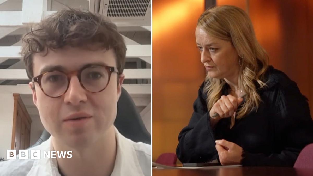 Split-screen image showing a bespectacled man on a video call and a woman seated at a table.