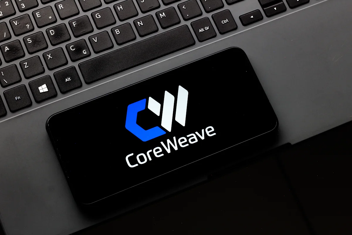 CoreWeave logo displayed on a black device beside a laptop keyboard.
