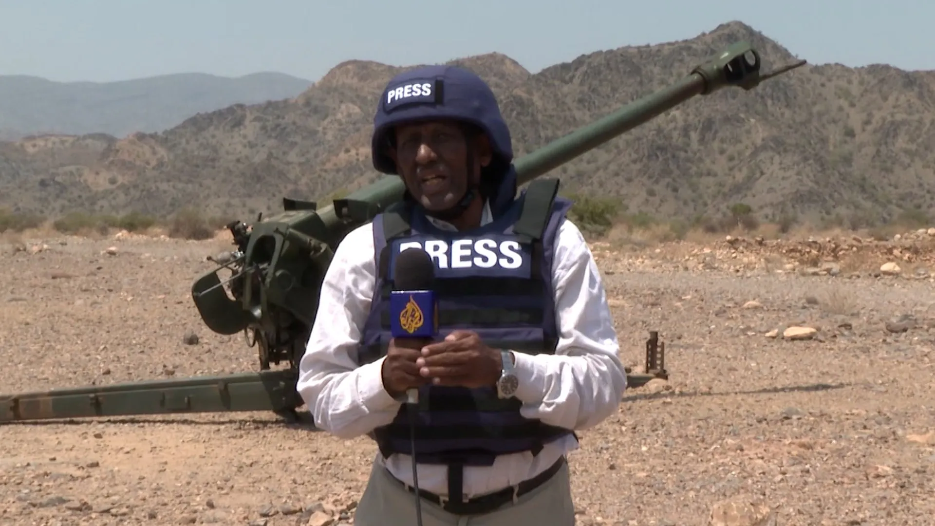 A journalist wearing a press helmet and vest holds a microphone in front of a mounted artillery piece.