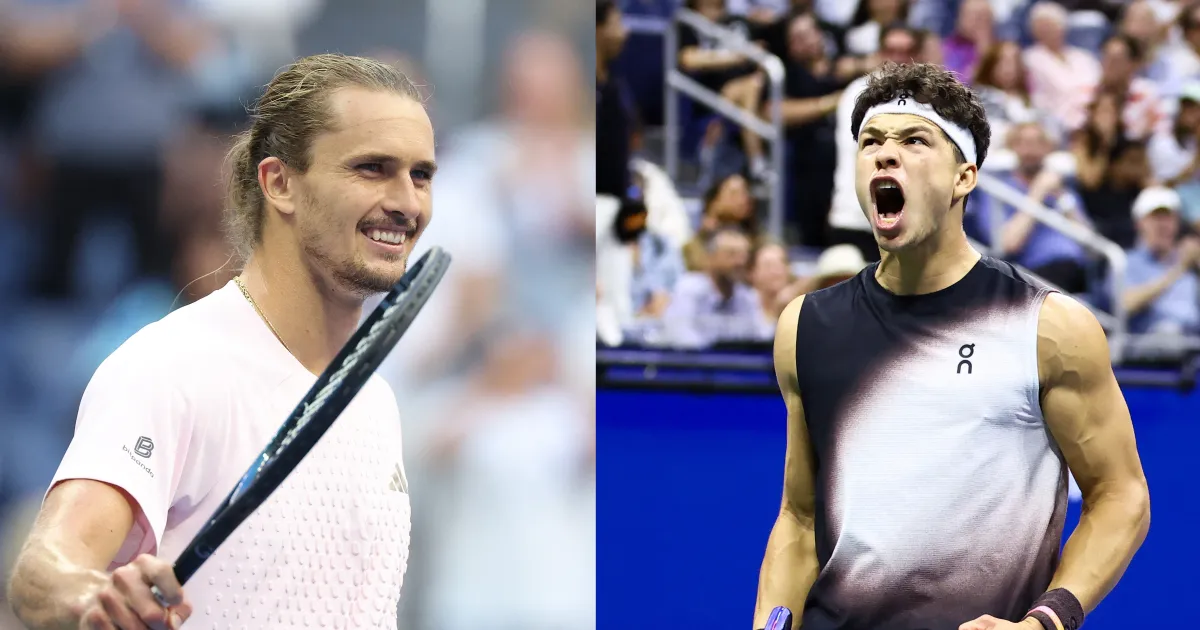 Split image of two male tennis players, one smiling and one shouting during matches